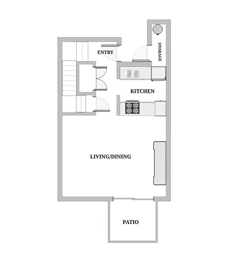 A floor plan of a house with an entry, kitchen, living/dining area, and a patio.